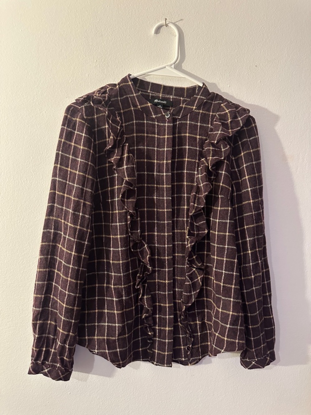 Madewell Plaid Ruffle Blouse - Brown and Cream - Preloved